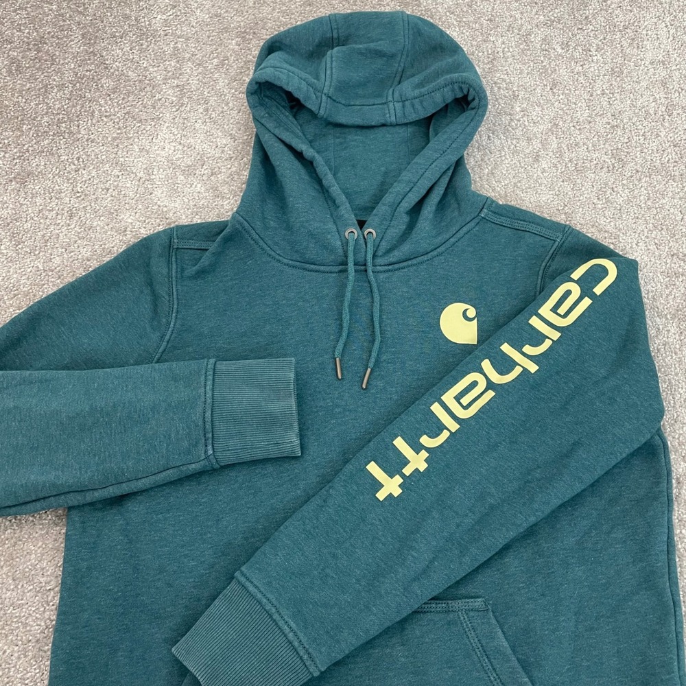 Carhartt Hoodie Womens Medium Relaxed Fit Sweatshirt Teal Graphic Logo Pullover